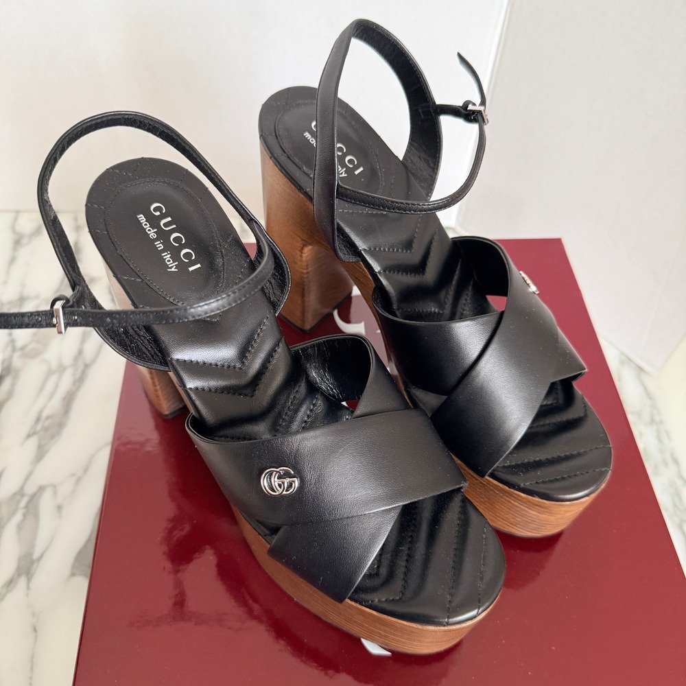 Gucci Nappa Charlotte Black Leather Wood Platform Block Heel Sandals 835313 sz40 - Picture 6 of 16